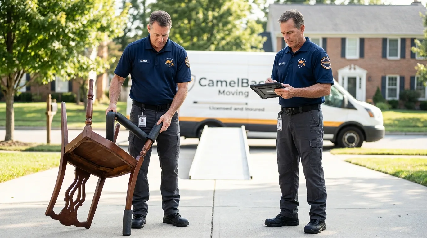 Movers inspecting furniture for damage prevention before loading in Coatesville, PA