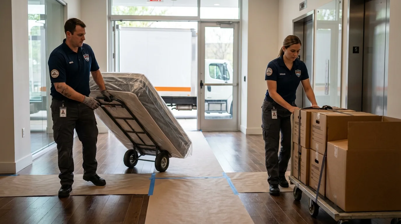 Professional apartment movers loading elevator in Coatesville, PA